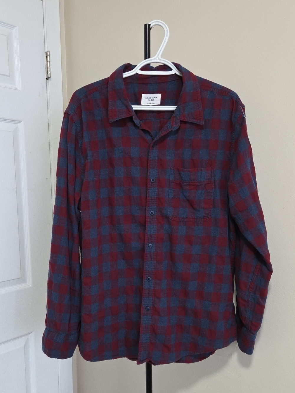 American Eagle Outfitters 100% Cotton Burgundy and Navy Plaid Button-Down Shirt